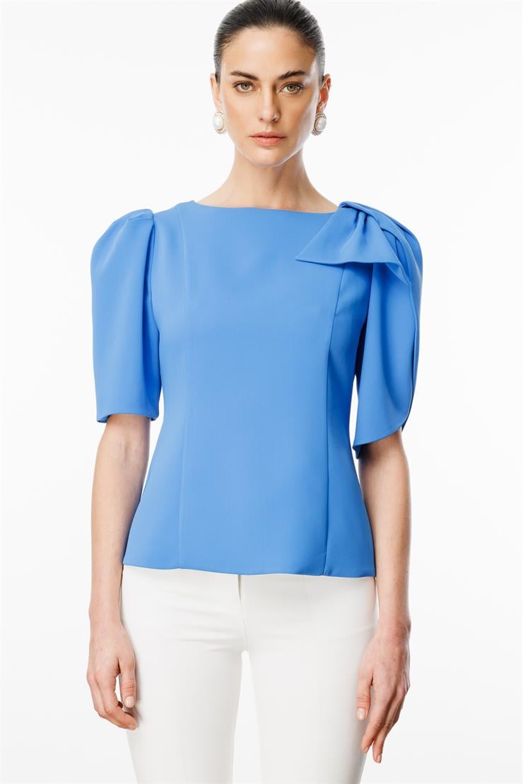 Modailgi  Kolları Pile Fiyonk Anvelop Detaylı Fermuar Kapamalı Bluz Mavi