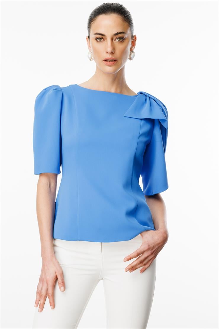 Modailgi  Kolları Pile Fiyonk Anvelop Detaylı Fermuar Kapamalı Bluz Mavi