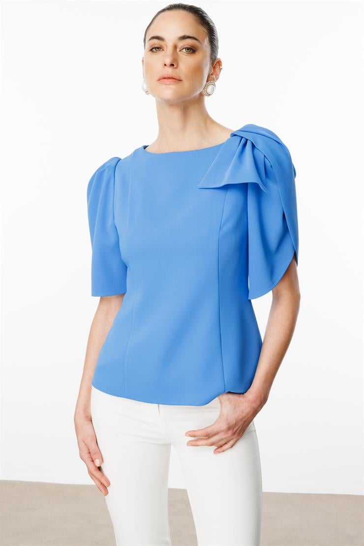 Modailgi  Kolları Pile Fiyonk Anvelop Detaylı Fermuar Kapamalı Bluz Mavi