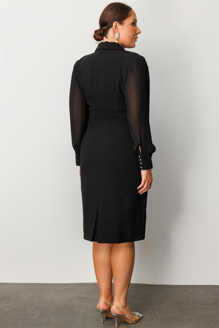Modailgi  Kolları Piliseli Kruvaze Kapamalı Midi Boy Elbise Siyah