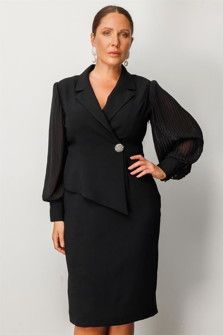 Modailgi  Kolları Piliseli Kruvaze Kapamalı Midi Boy Elbise Siyah