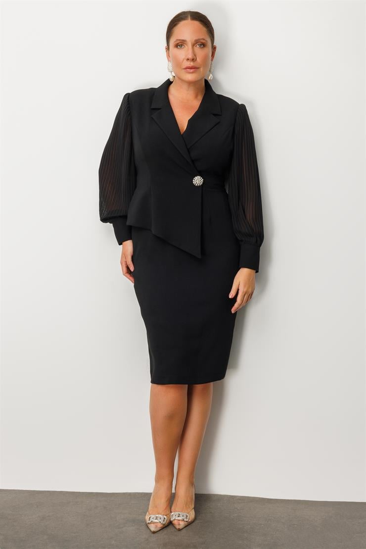 Modailgi  Kolları Piliseli Kruvaze Kapamalı Midi Boy Elbise Siyah