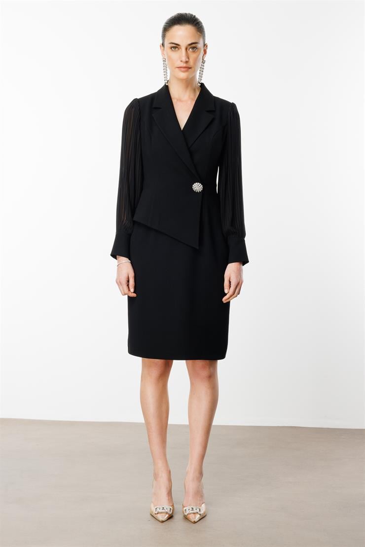 Modailgi  Kolları Piliseli Kruvaze Kapamalı Midi Boy Elbise Siyah