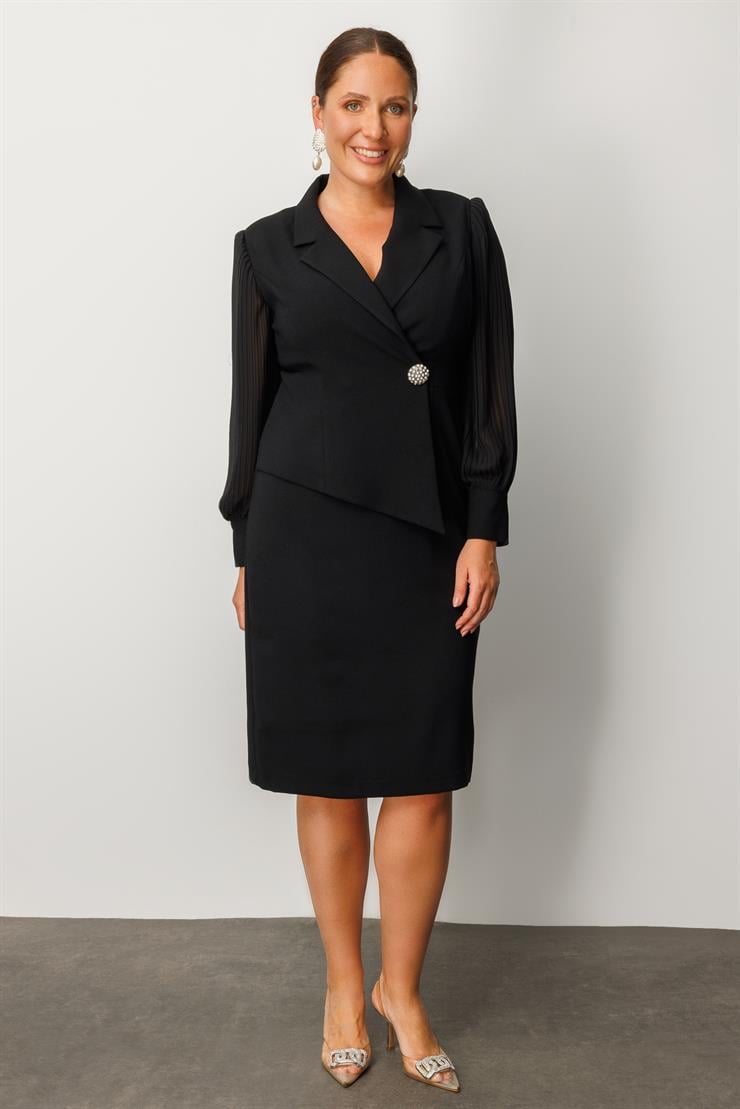 Modailgi  Kolları Piliseli Kruvaze Kapamalı Midi Boy Elbise Siyah