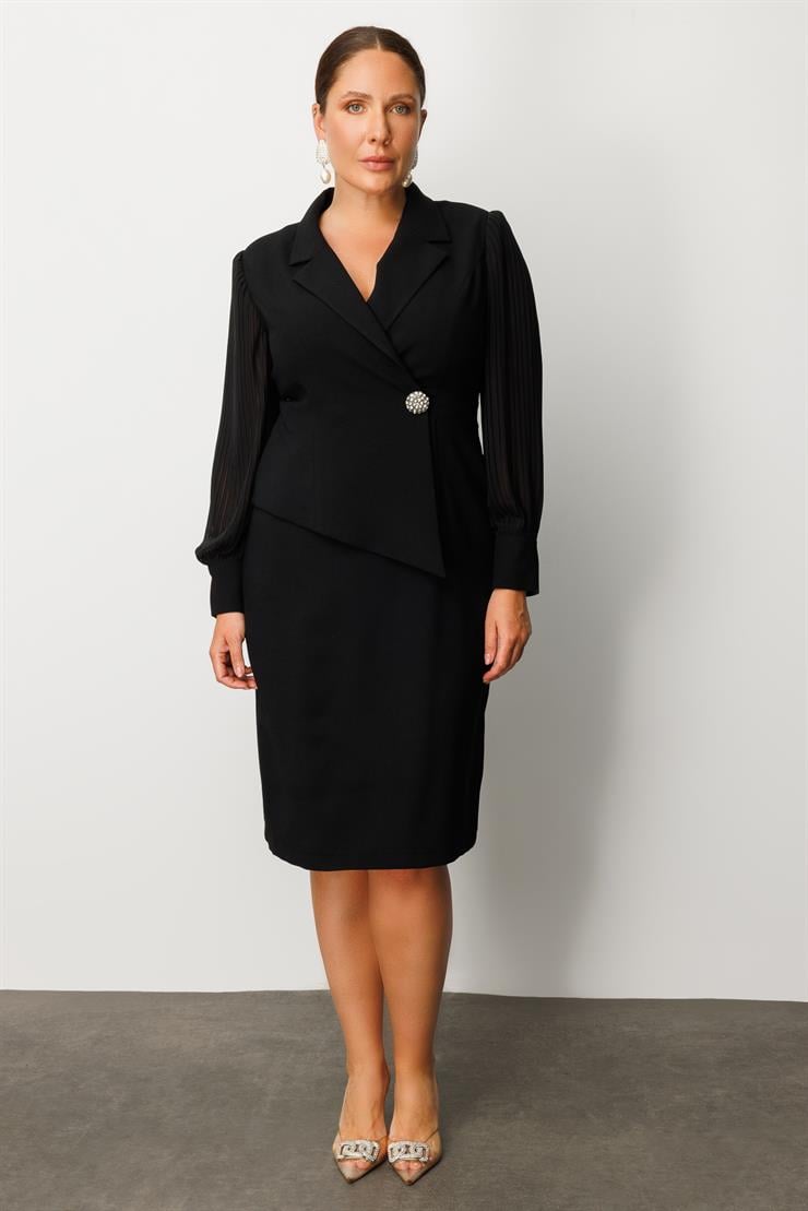 Modailgi  Kolları Piliseli Kruvaze Kapamalı Midi Boy Elbise Siyah