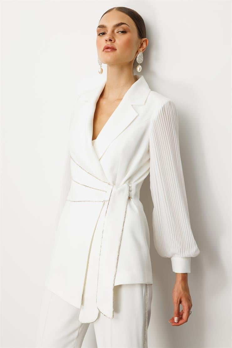 Modailgi  Kolları Piliseli Şerit Aksesuarlı Ceket Ekru