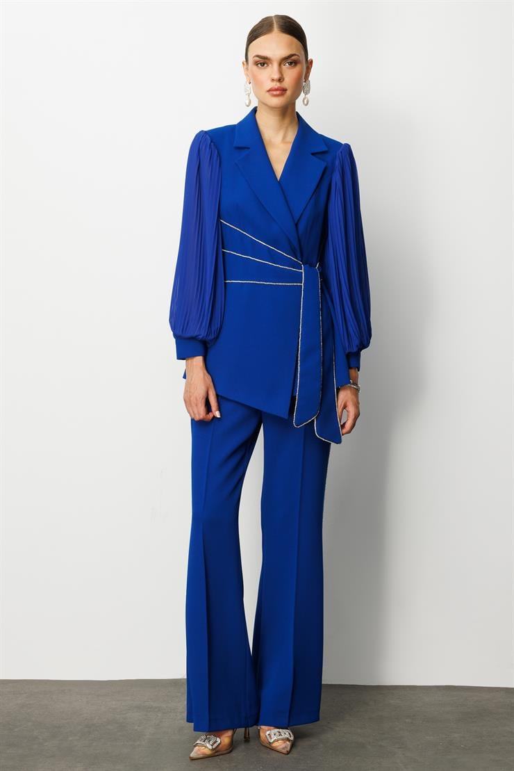 Modailgi  Kolları Piliseli Şerit Aksesuarlı Ceket Saks