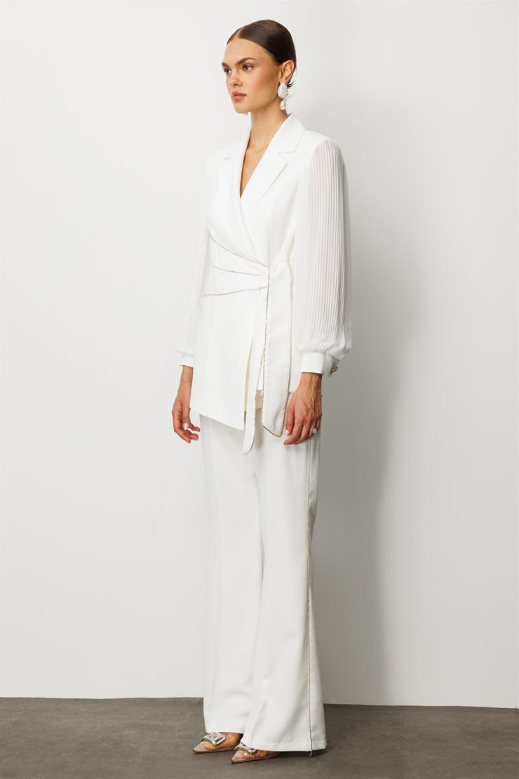 Modailgi  Kolları Piliseli Şerit Aksesuarlı Ceket Ekru