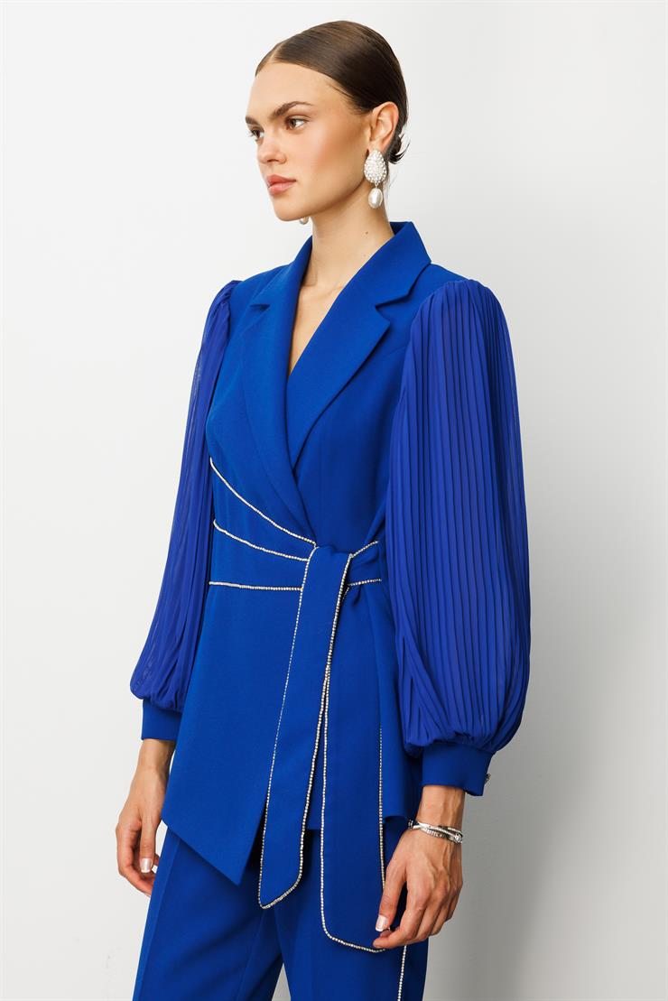 Modailgi  Kolları Piliseli Şerit Aksesuarlı Ceket Saks