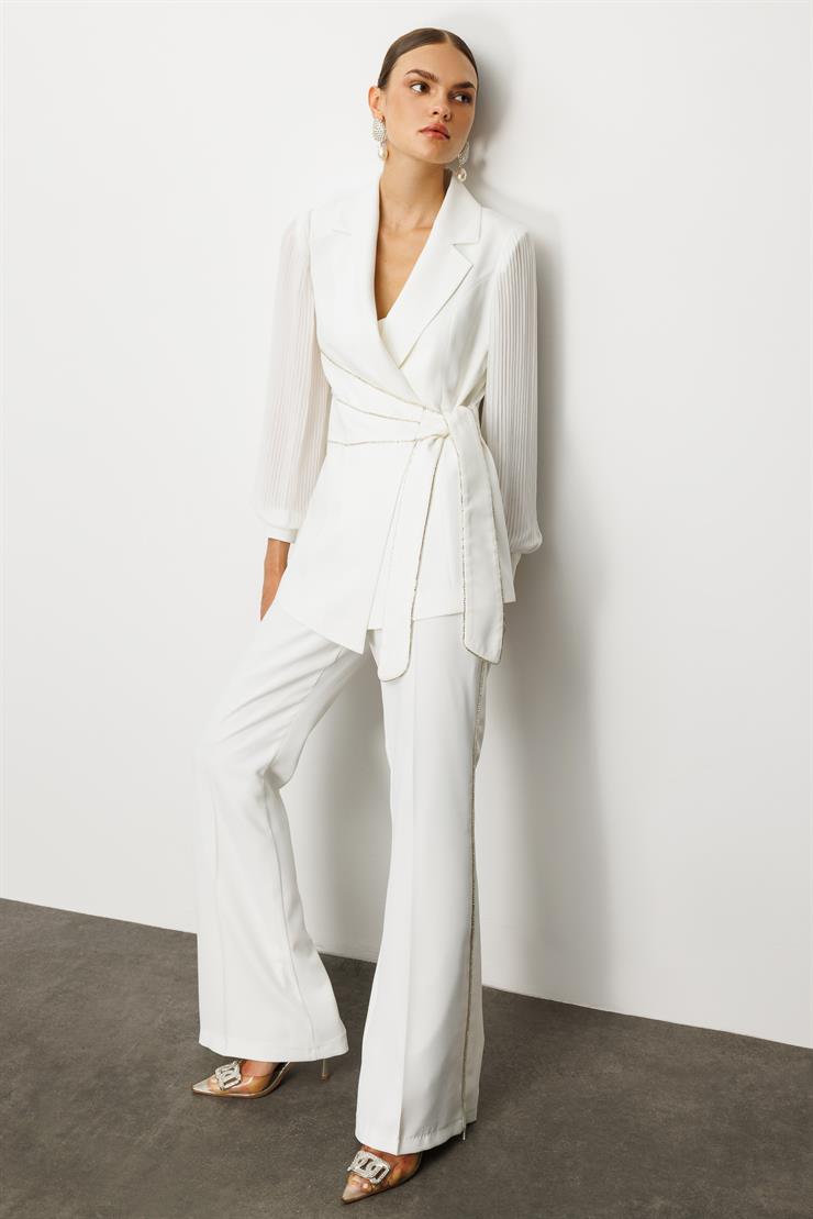 Modailgi  Kolları Piliseli Şerit Aksesuarlı Ceket Ekru