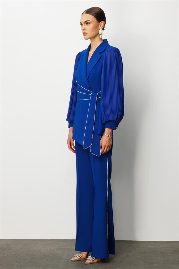 Modailgi  Kolları Piliseli Şerit Aksesuarlı Ceket Saks