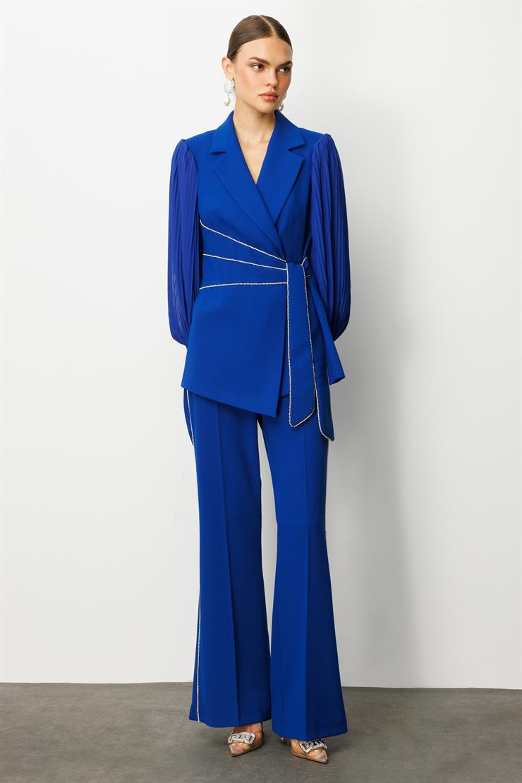 Modailgi  Kolları Piliseli Şerit Aksesuarlı Ceket Saks