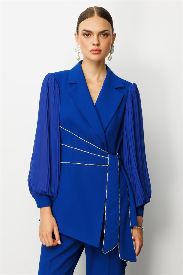 Modailgi  Kolları Piliseli Şerit Aksesuarlı Ceket Saks