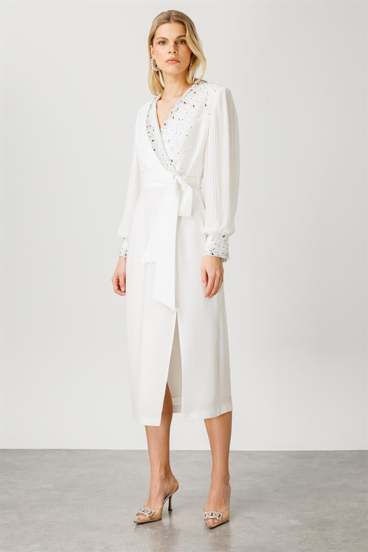 Modailgi  Kolları Piliseli Taş Detaylı Elbise Ekru