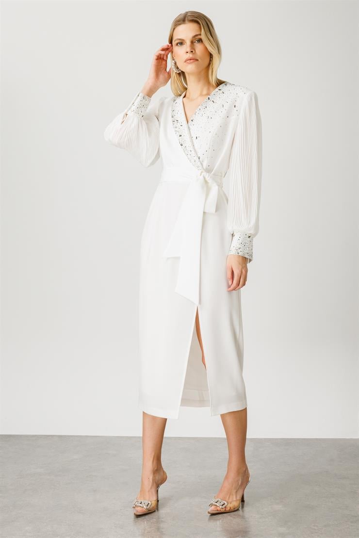 Modailgi  Kolları Piliseli Taş Detaylı Elbise Ekru