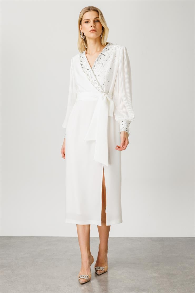 Modailgi  Kolları Piliseli Taş Detaylı Elbise Ekru