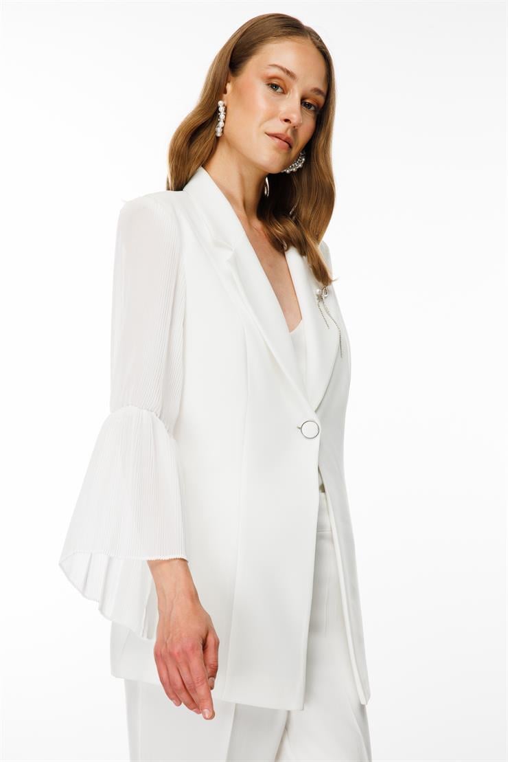 Modailgi  Kolları Piliseli Yakası Broşlu Ceket Ekru