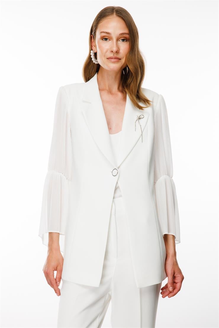 Modailgi  Kolları Piliseli Yakası Broşlu Ceket Ekru