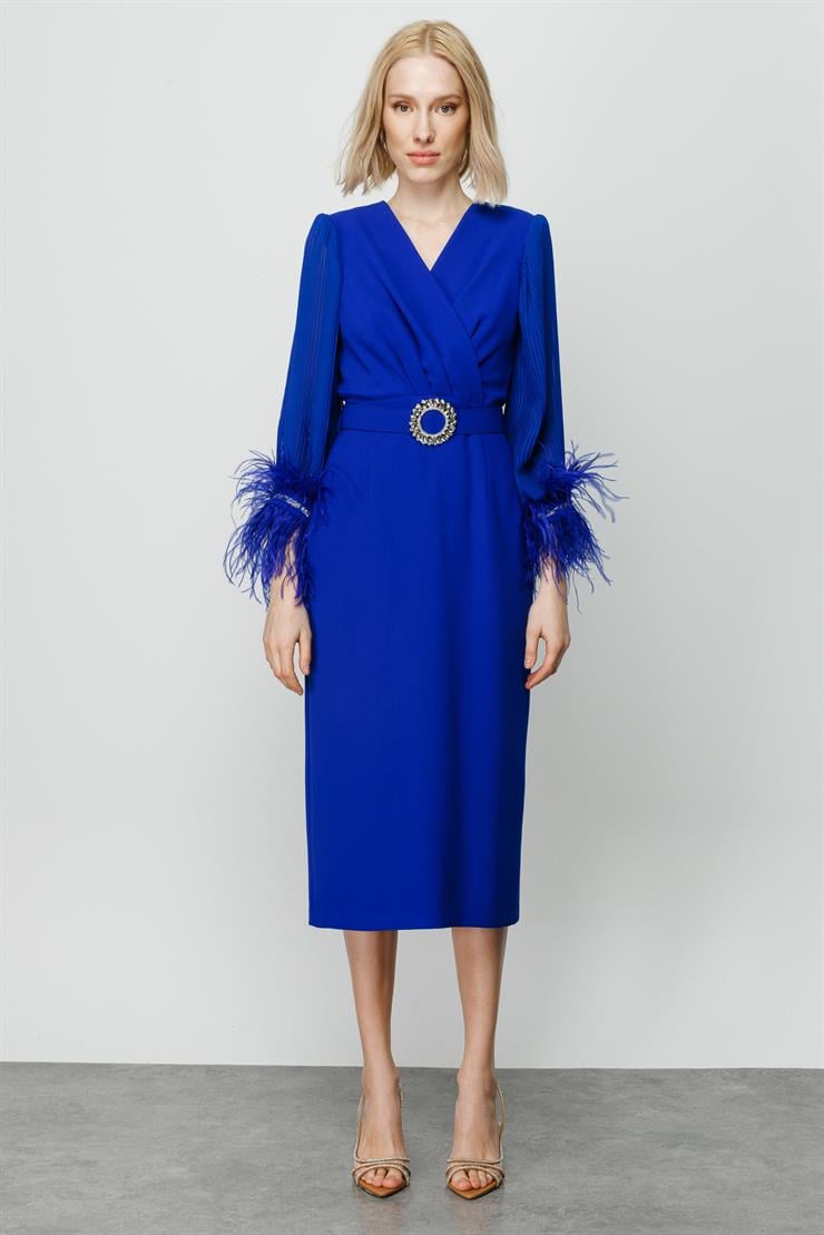 Modailgi  Kolları Pliseli Manşeti Otrişli Uzun Elbise Saks