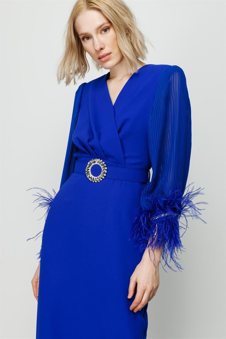 Modailgi  Kolları Pliseli Manşeti Otrişli Uzun Elbise Saks