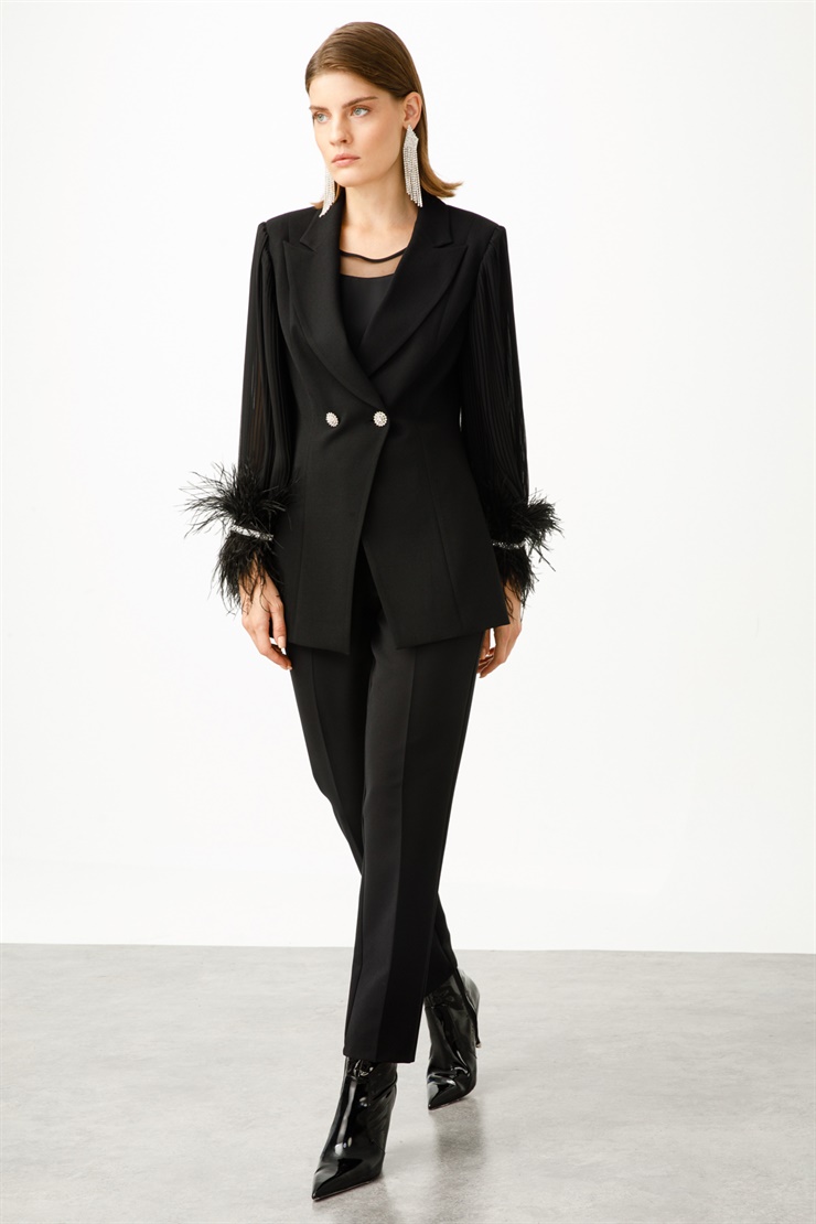 Modailgi  Kolları Pliseli Manşeti Otrisli Ceket Siyah