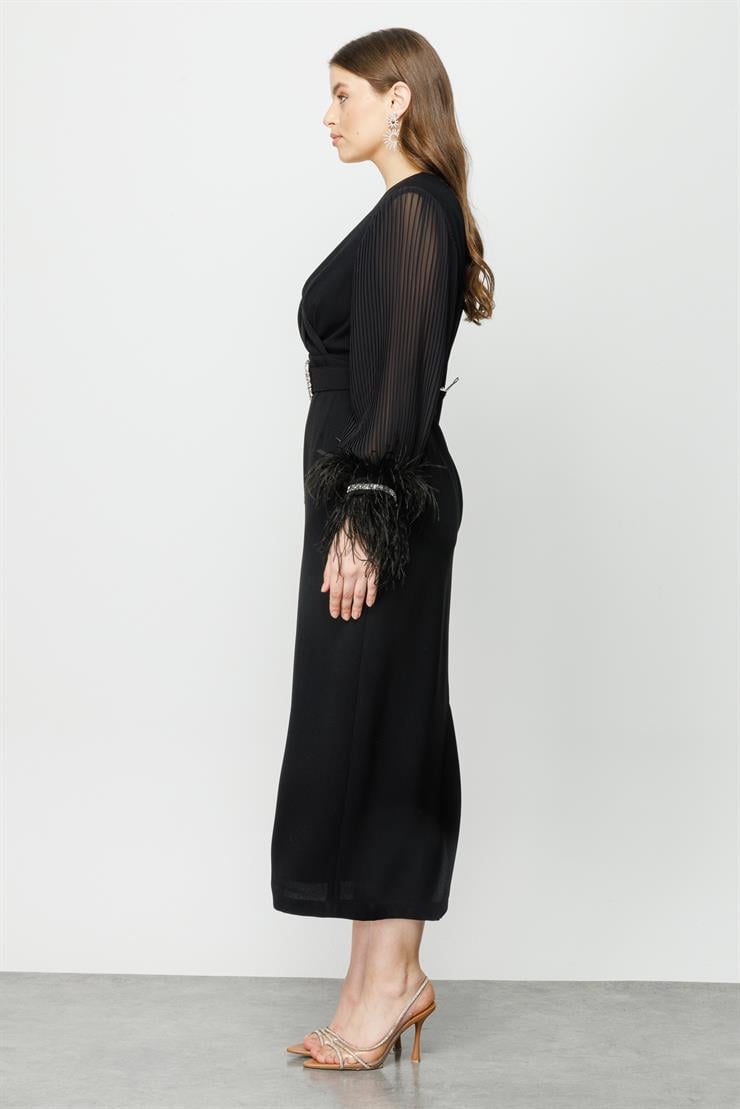 Modailgi  Kolları Pliseli Manşeti Otrişli Uzun Elbise Siyah