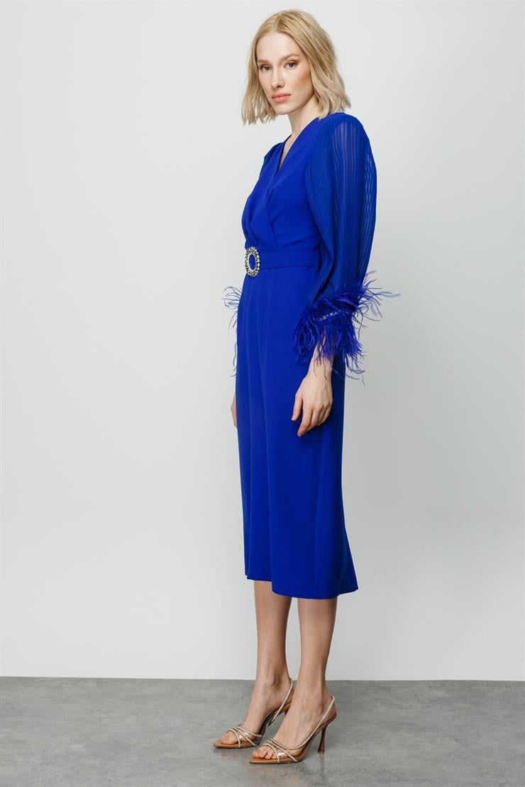 Modailgi  Kolları Pliseli Manşeti Otrişli Uzun Elbise Saks