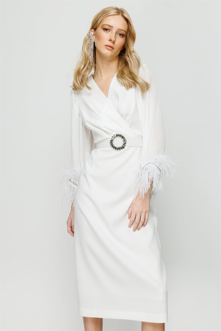 Modailgi  Kolları Pliseli Manşeti Otrişli Uzun Elbise Ekru