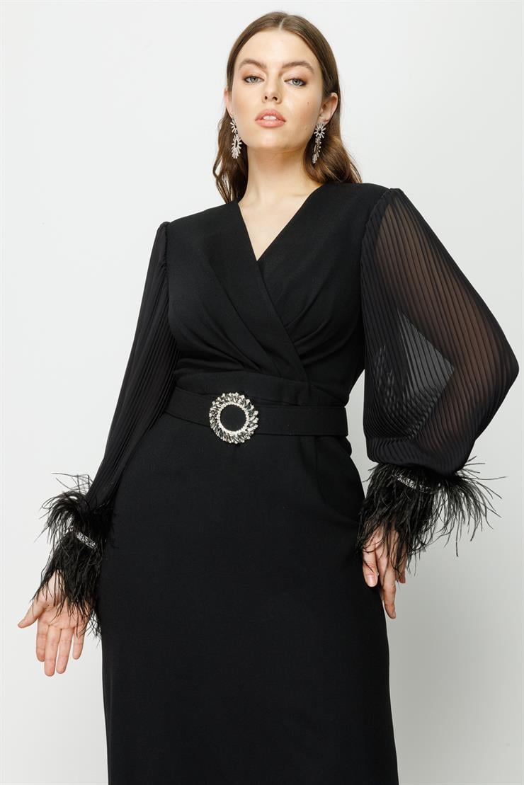 Modailgi  Kolları Pliseli Manşeti Otrişli Uzun Elbise Siyah