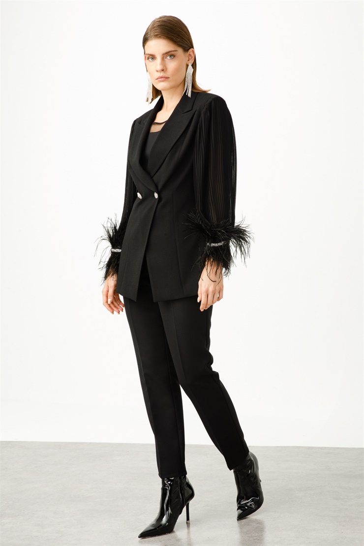 Modailgi  Kolları Pliseli Manşeti Otrisli Ceket Siyah