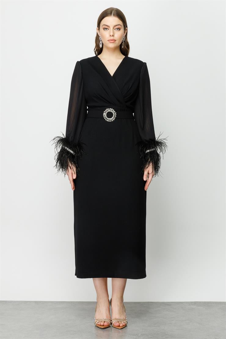 Modailgi  Kolları Pliseli Manşeti Otrişli Uzun Elbise Siyah