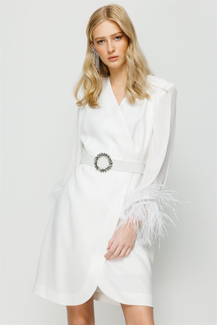 Modailgi  Kolları Pliseli Manşeti Otrişli Kısa Elbise Ekru