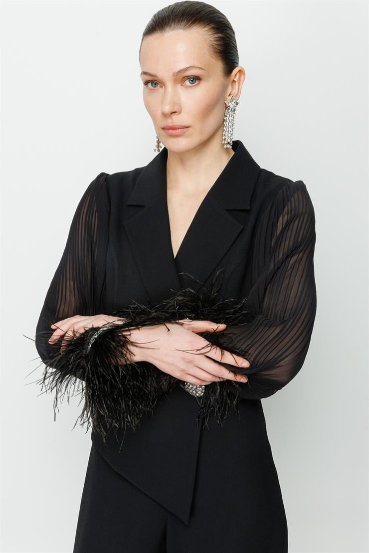 Modailgi  Kolları Pliseli Otrişli Tulum Siyah