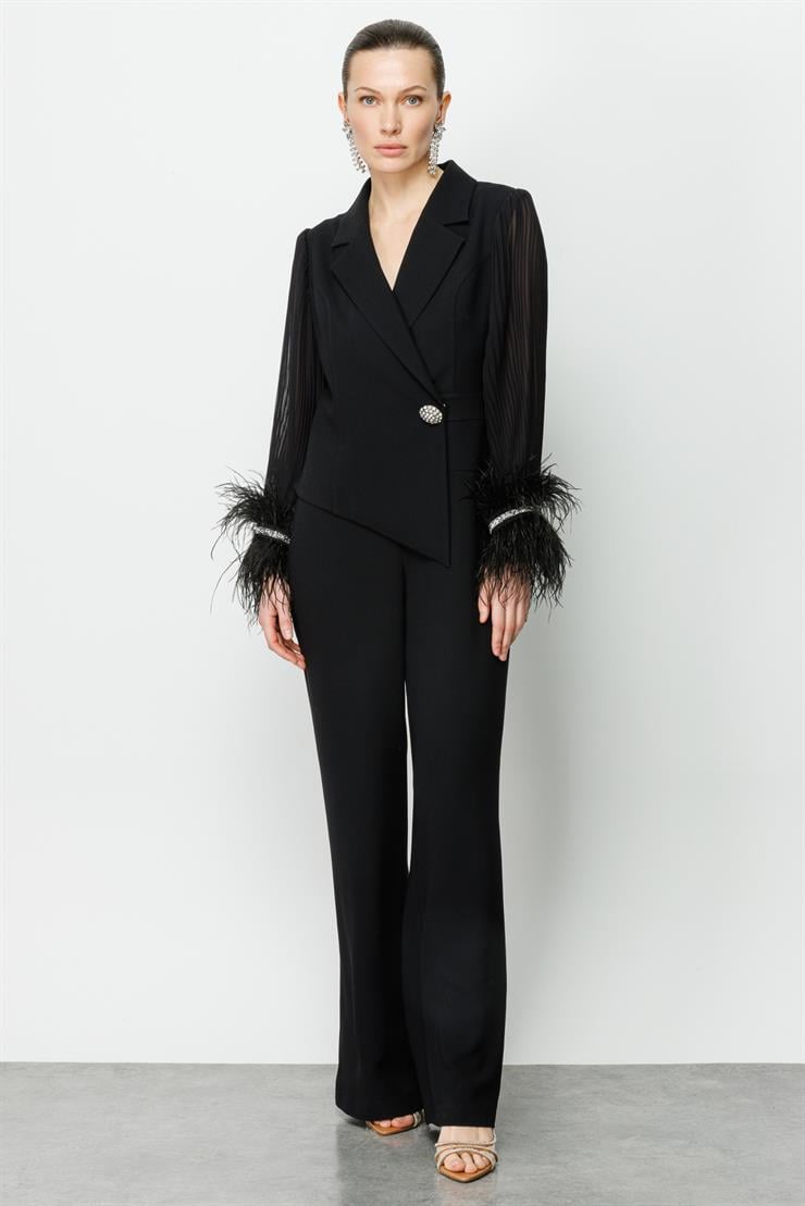 Modailgi  Kolları Pliseli Otrişli Tulum Siyah