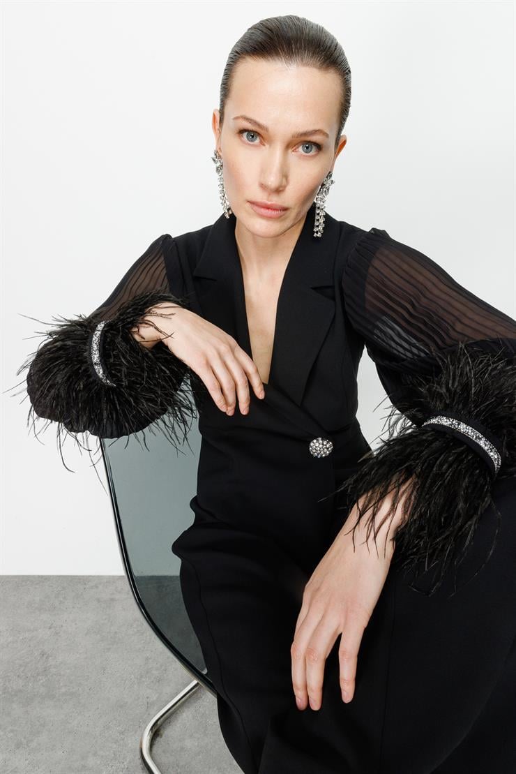 Modailgi  Kolları Pliseli Otrişli Tulum Siyah