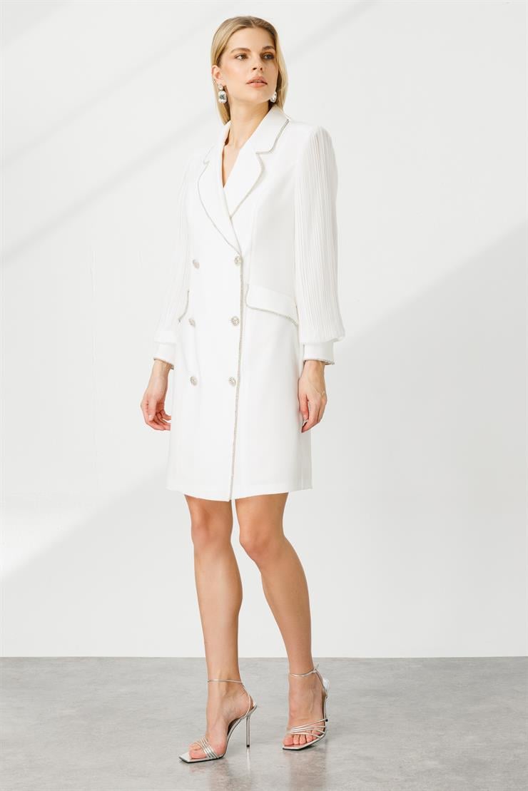 Modailgi  Kolları Pliseli Taş Şeritli Elbise Ekru