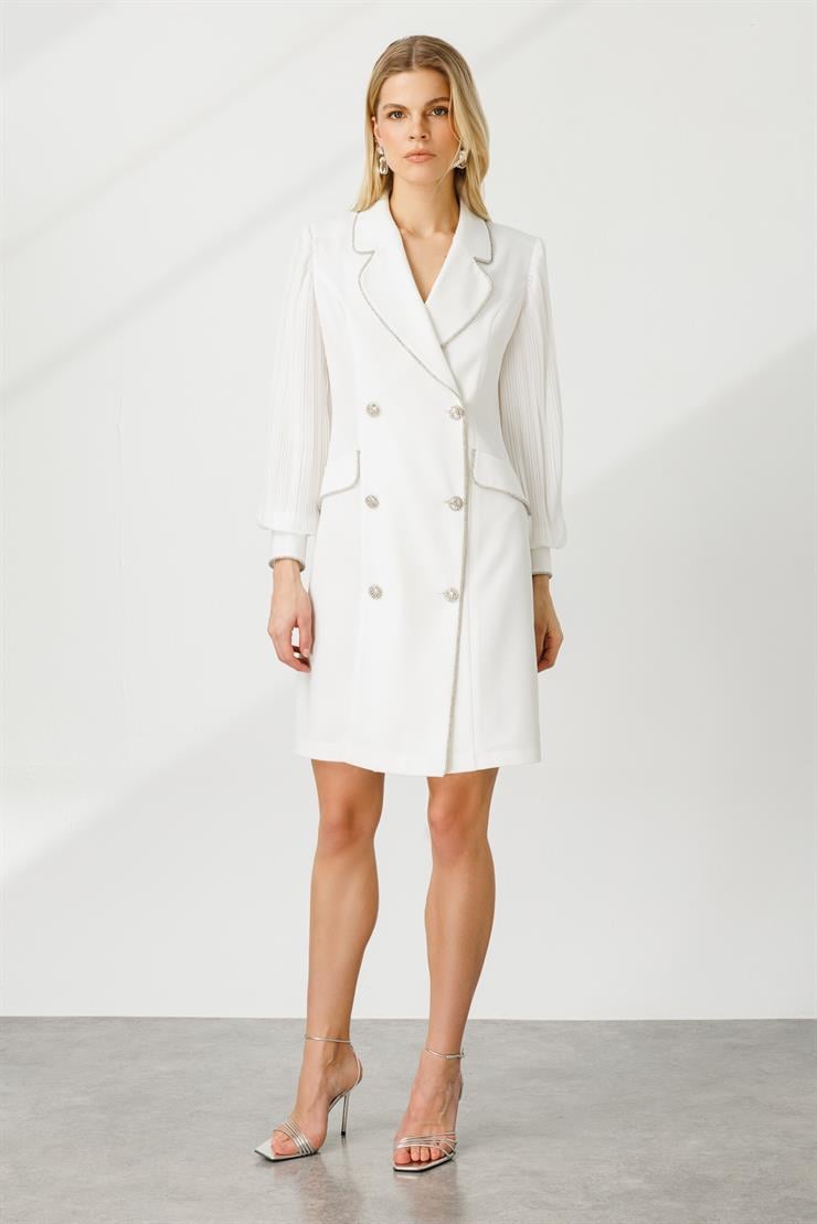 Modailgi  Kolları Pliseli Taş Şeritli Elbise Ekru