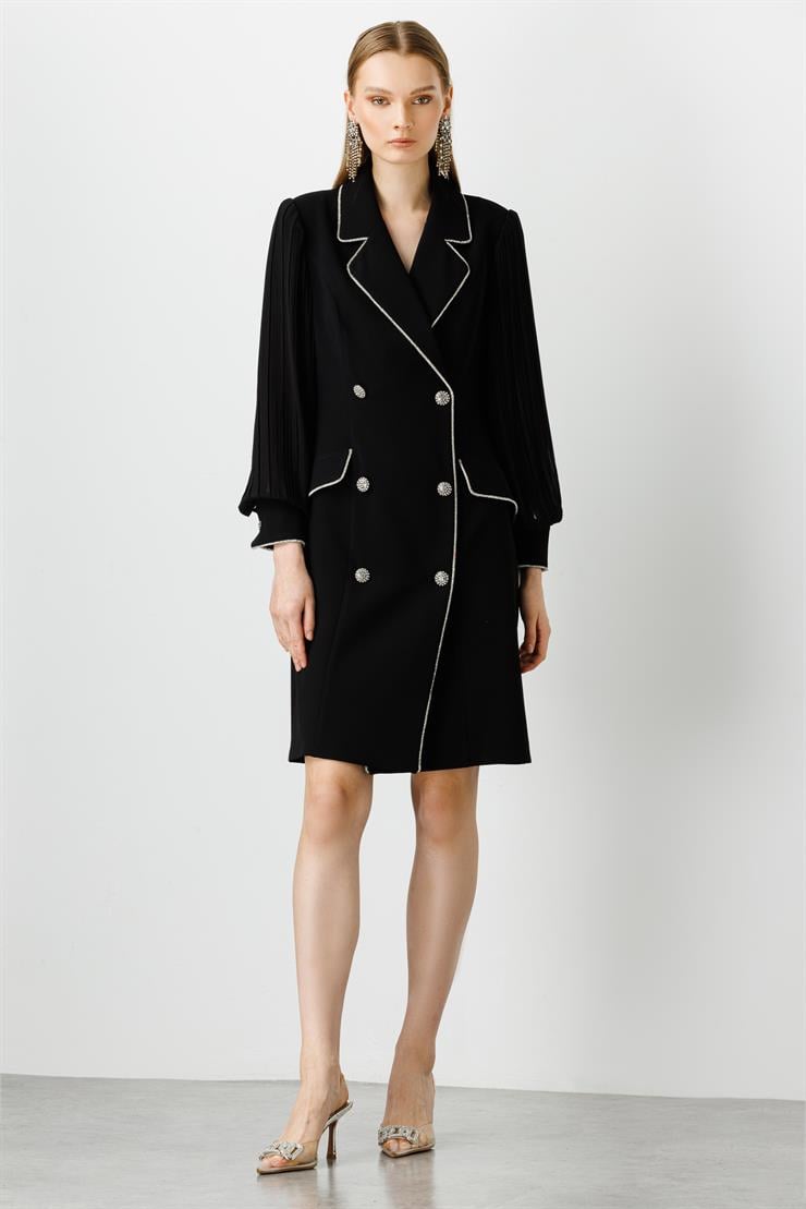 Modailgi  Kolları Pliseli Taş Şeritli Elbise Siyah