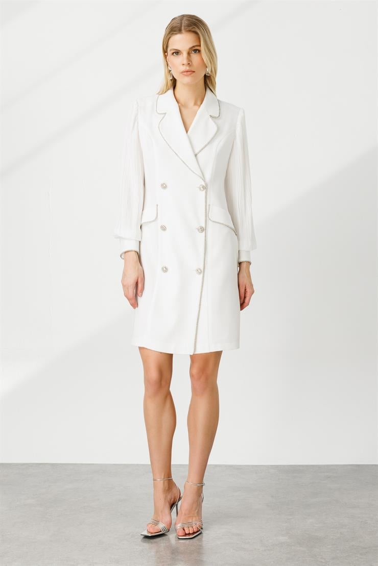 Modailgi  Kolları Pliseli Taş Şeritli Elbise Ekru