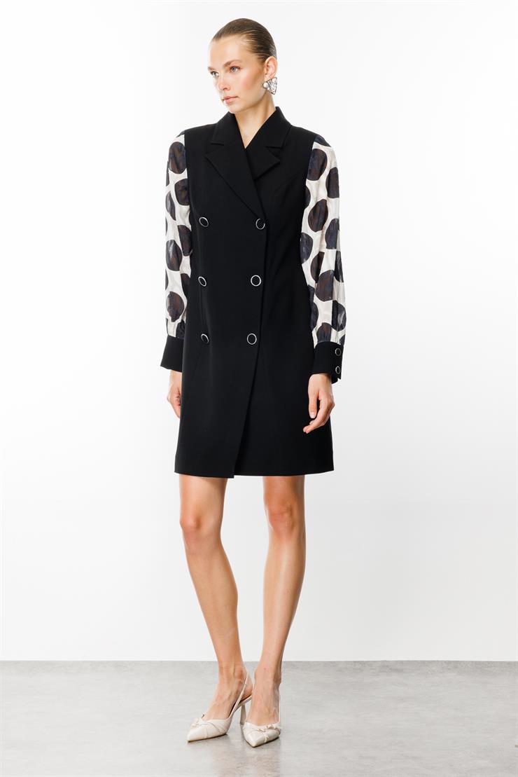 Modailgi  Kolları Puan Jakarlı Kruvaze Elbise Siyah