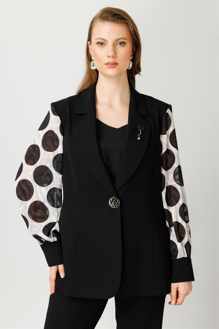 Modailgi  Kolları Puantiye Desenli Tek Düğme Ceket Siyah
