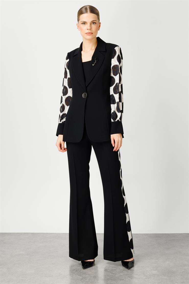 Modailgi  Kolları Puantiye Desenli Tek Düğme Ceket Siyah