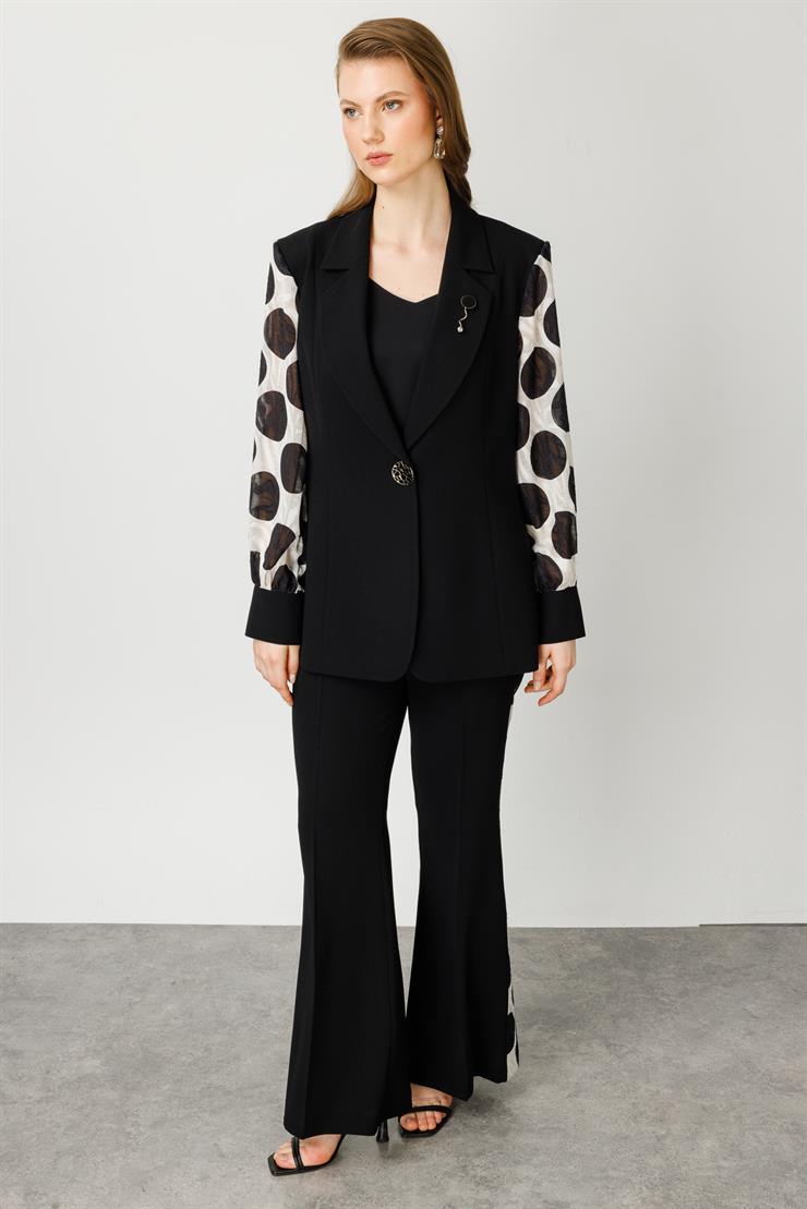 Modailgi  Kolları Puantiye Desenli Tek Düğme Ceket Siyah