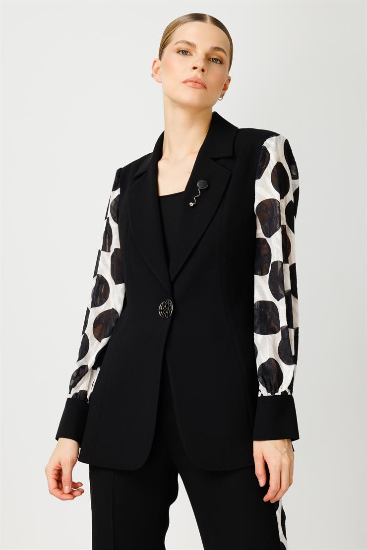 Modailgi  Kolları Puantiye Desenli Tek Düğme Ceket Siyah
