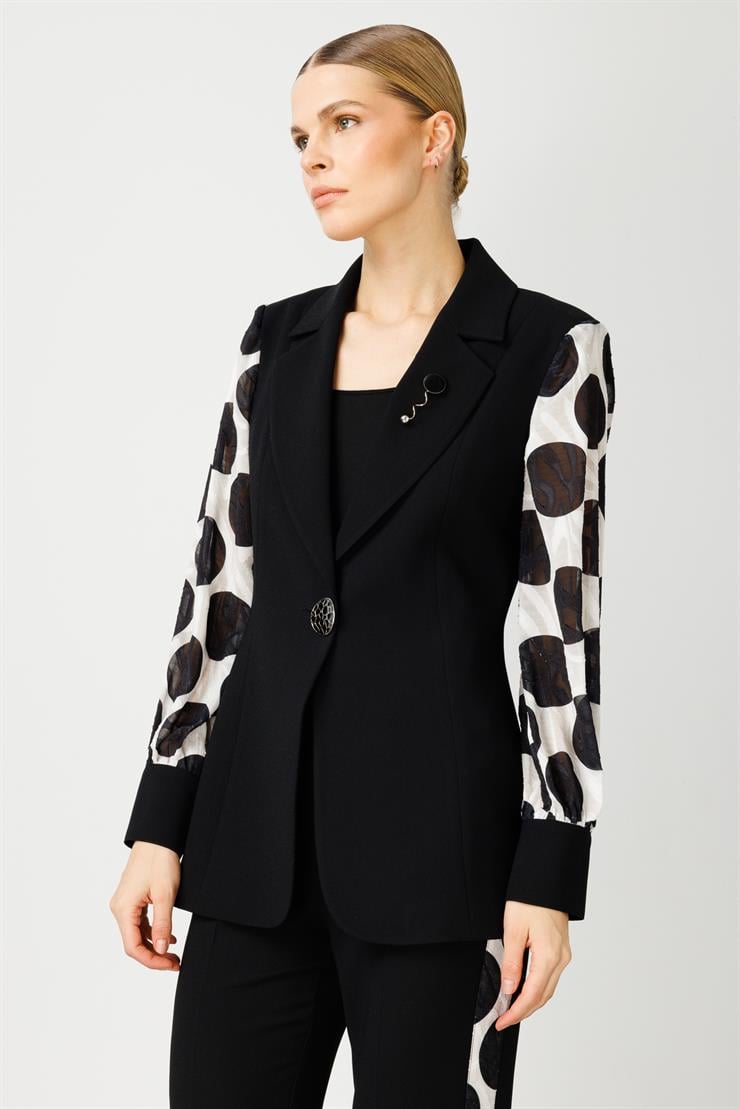 Modailgi  Kolları Puantiye Desenli Tek Düğme Ceket Siyah