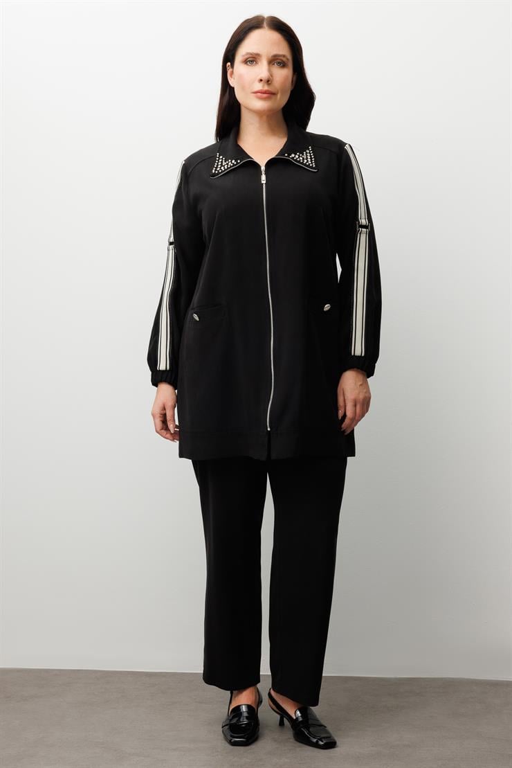 Modailgi  Kolları Ribana Detaylı Yakası İncili Tunik Siyah