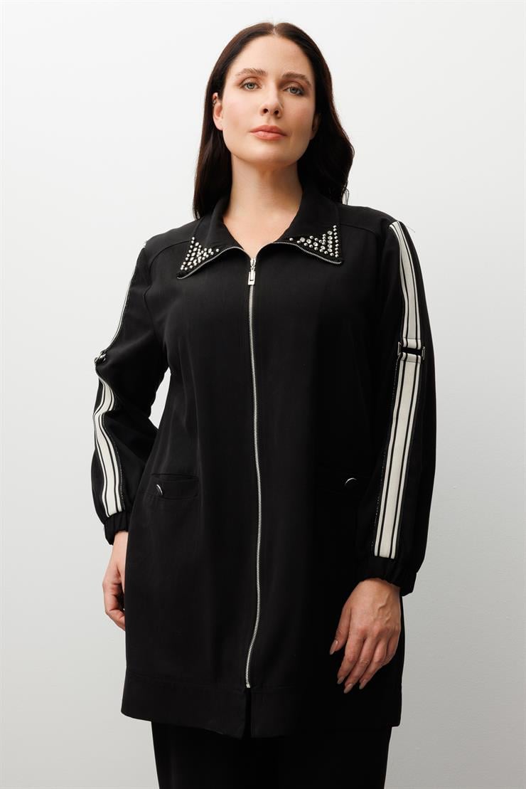 Modailgi  Kolları Ribana Detaylı Yakası İncili Tunik Siyah