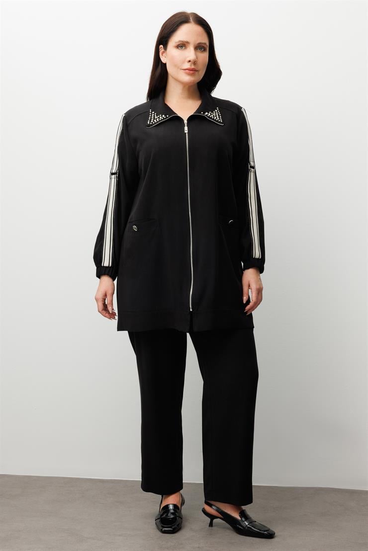 Modailgi  Kolları Ribana Detaylı Yakası İncili Tunik Siyah