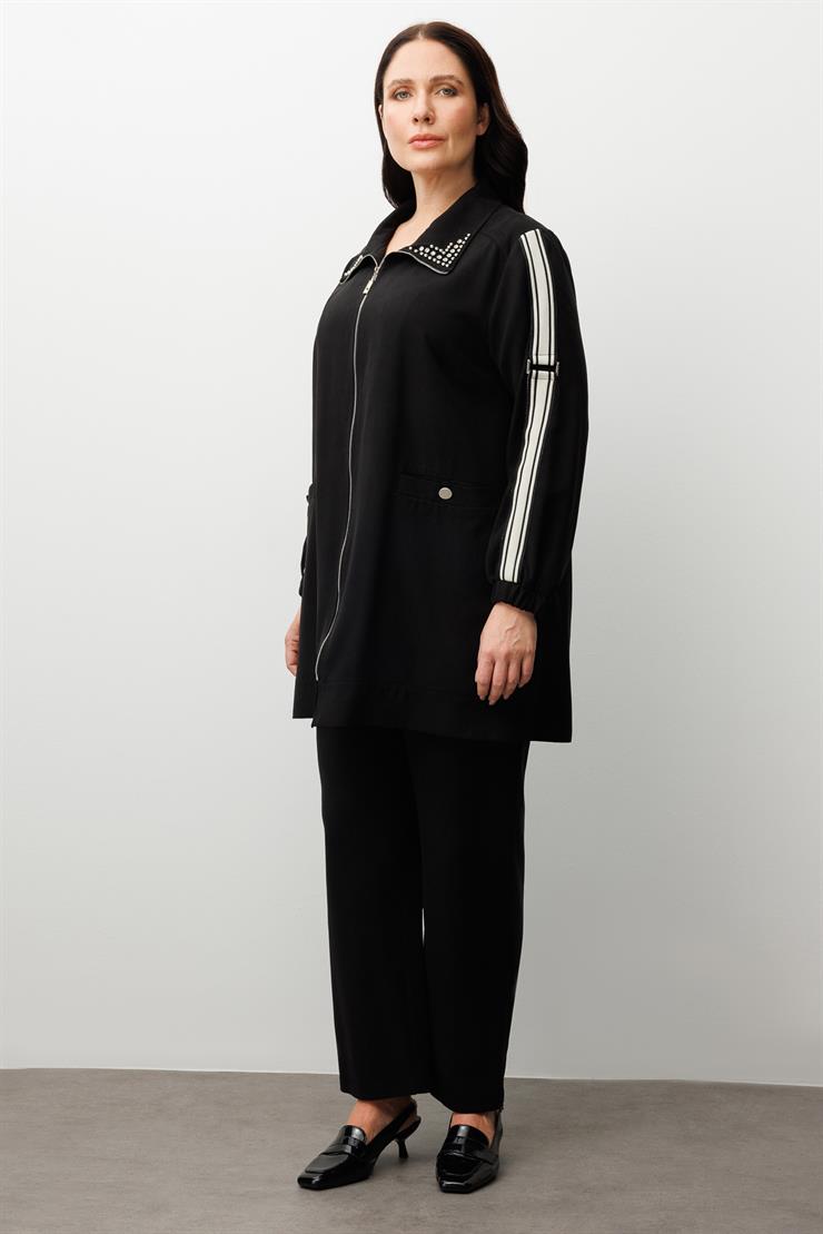 Modailgi  Kolları Ribana Detaylı Yakası İncili Tunik Siyah