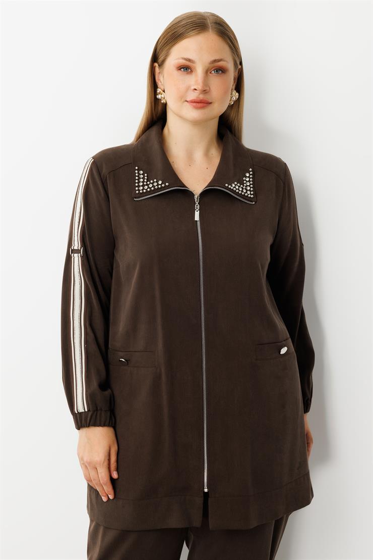 Modailgi  Kolları Ribana Detaylı Yakası İncili Tunik Takım Kahve